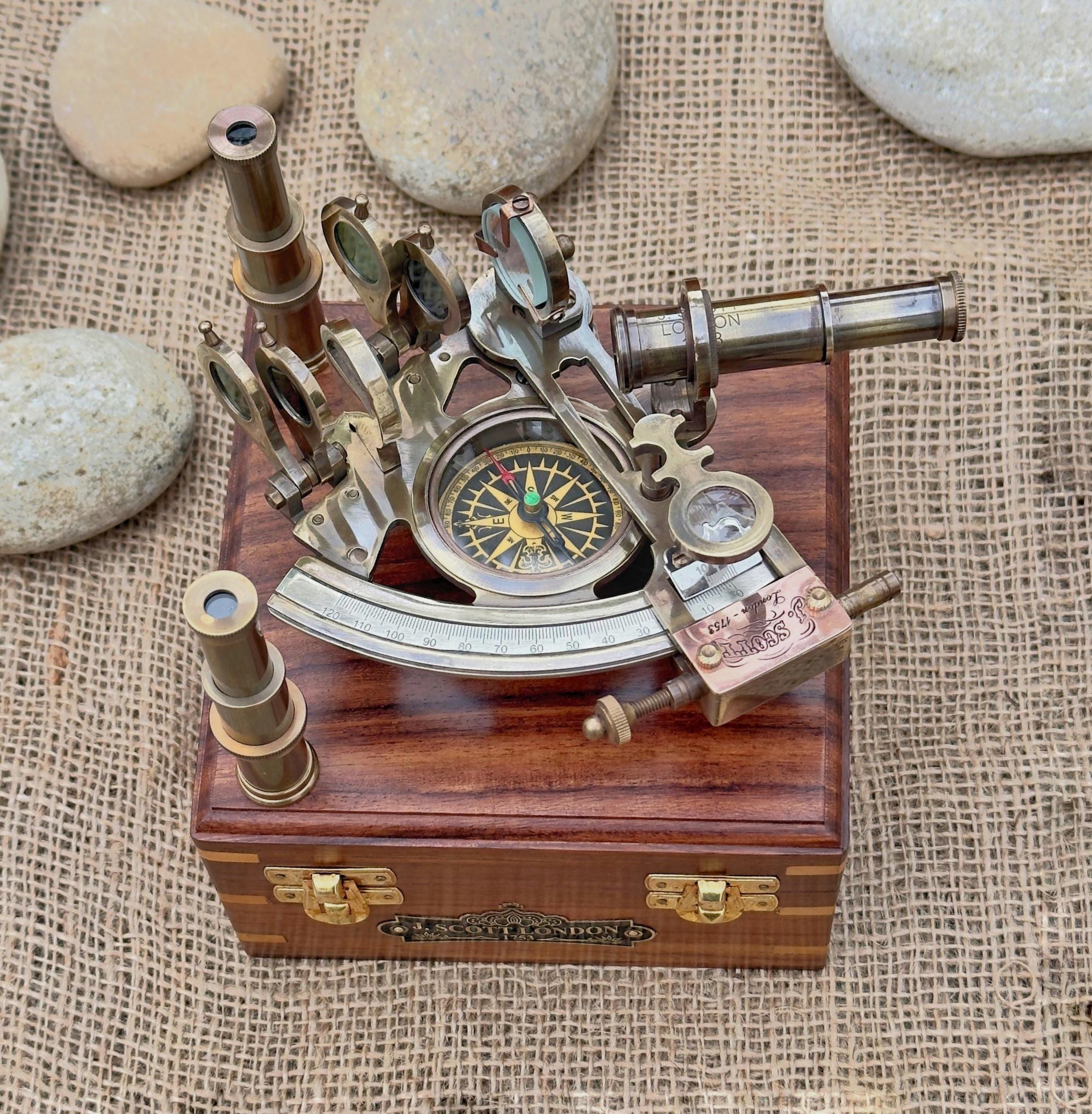J. Scott Brass Sextant With Compass Wooden Box, Antique Nautical