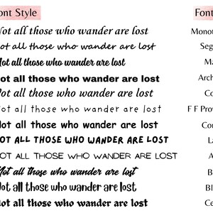 May include: A font style chart displaying twelve distinct black typeface options, each featuring the phrase 'Not all those who wander are lost'. The list includes font names such as Monotype Corsiva, Segoe Script, Magneton, Archivo Black, Courgette, F F Providence Sans, Comic Sans, Lazydog, Ananias, Baksoda, Blueberry, and Celandine.
