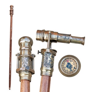 Engraved Brass Walking Stick With Telescope & Direction Compass On Top Spyglass Cane, 1920 Dollond London Victorian Canes, Vintage Gift