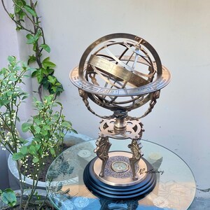 Antique Brass Armillary Sphere Globe – Astrolabe With Zodiac Signs – Wooden Base, Handmade From India