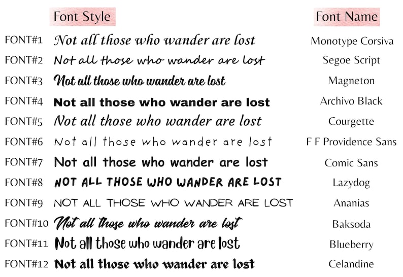 List of available font styles for custom engraving on the personalized walking stick.