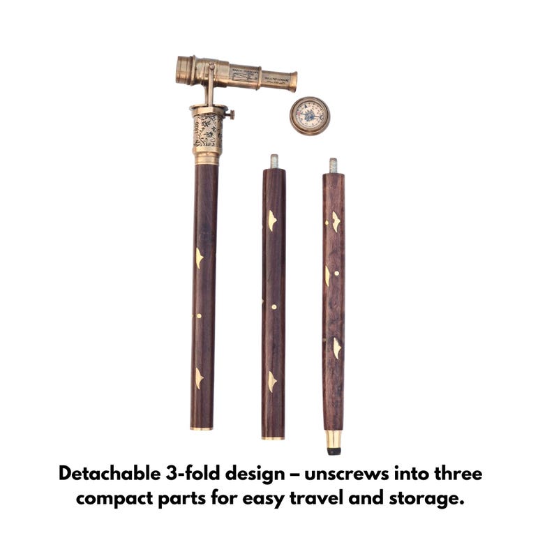 The 3-part collapsible design of the rosewood cane, disassembled for easy travel and storage.