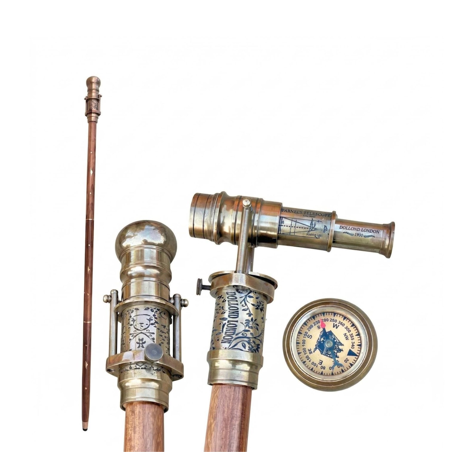 Personalized Brass Walking Cane with Telescope & Compass - Steampunk Victorian Gift for Men - Handmade Working Nautical Walking Stick