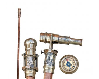 Bastón de latón personalizado con telescopio y brújula - Regalo victoriano steampunk para hombres - Bastón náutico funcional hecho a mano