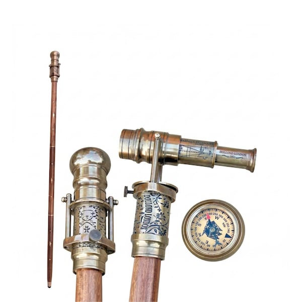 Personalized Brass Walking Cane with Telescope & Compass - Steampunk Victorian Gift for Men - Handmade Working Nautical Walking Stick