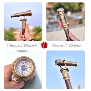Multiple shots showing the brass handle, compass dial, and the telescope focus mechanism.