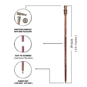 May include: A brown wooden walking stick with a brass-colored top and accents. The stick is 39 inches (99 cm) long and features a rubber grip. The top has a mini telescope and compass. The text says "EASY TO ASSEMBLE".