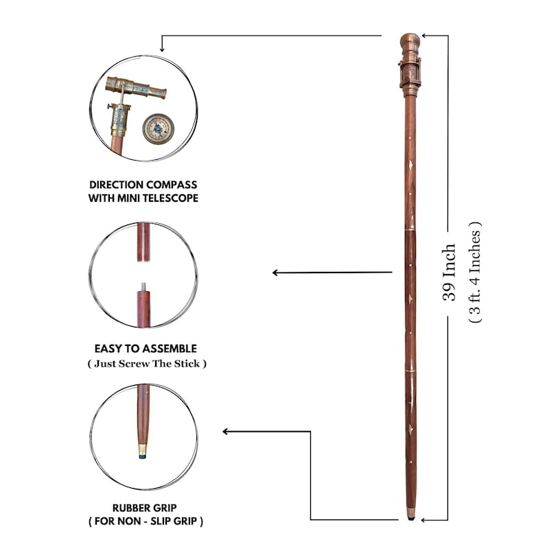 May include: A brown wooden walking stick with a brass-colored top and accents. The stick is 39 inches (99 cm) long and features a rubber grip. The top has a mini telescope and compass. The text says "EASY TO ASSEMBLE".