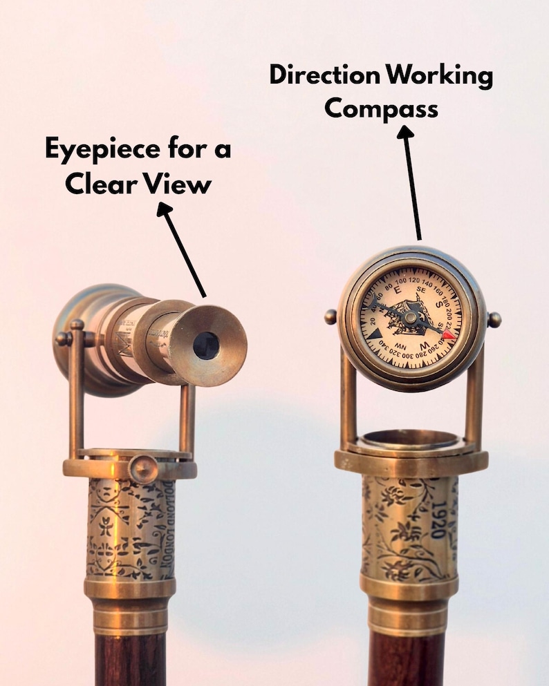 Visual guide showing the telescope eyepiece for clear view and the integrated working compass.