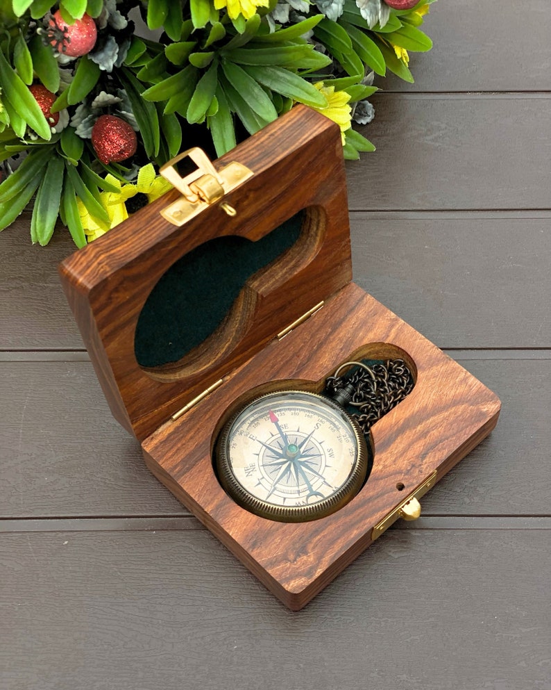 Personalized Brass Compass Locket with Wooden Box, Custom Engraved Pocket Compass, Nautical Gift for Dad, Husband, Groomsmen image 7