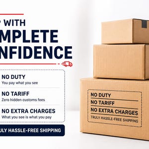 May include: Three stacked brown cardboard shipping boxes with black tape. Text reads: SHOP WITH COMPLETE CONFIDENCE, NO DUTY, NO TARIFF, NO EXTRA CHARGES, and TRULY HASSLE-FREE SHIPPING. The boxes feature a label stating NO DUTY, NO TARIFF, NO EXTRA CHARGES.