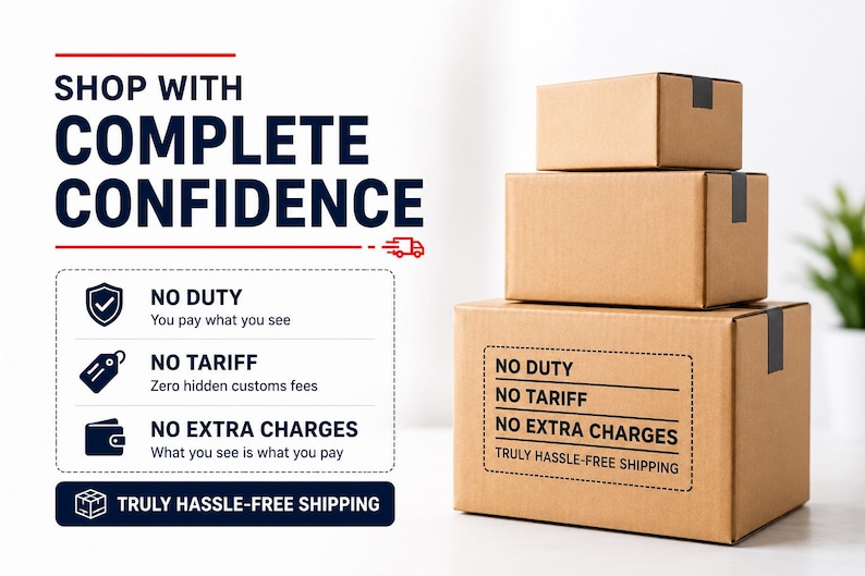 May include: Three stacked brown cardboard shipping boxes with black tape. Text reads: SHOP WITH COMPLETE CONFIDENCE, NO DUTY, NO TARIFF, NO EXTRA CHARGES, and TRULY HASSLE-FREE SHIPPING. The boxes feature a label stating NO DUTY, NO TARIFF, NO EXTRA CHARGES.