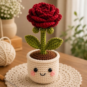 May include: A handmade crochet rose in a smiling pot. The red rose sits atop a green stem with green leaves. The off-white pot has a smiling face with pink cheeks. The pot sits on a crocheted doily.