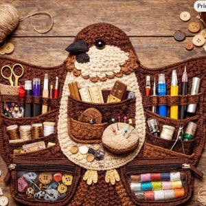 May include: A handmade, crochet bird-shaped organizer in brown, cream, and black. The organizer features multiple pockets filled with sewing supplies like scissors, spools of thread, and buttons. A pin cushion is in the center. The wings and body are detailed.