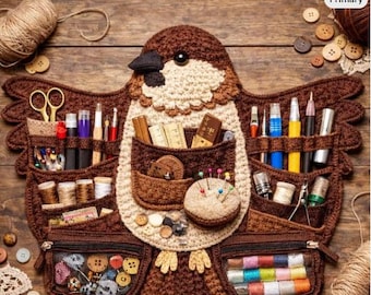 Patron de rangement pour moineau au crochet - Étui à couture Amigurumi Blrd - Support pour épingles de fil d'aiguille (Patron PDF)