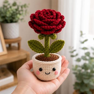 Handmade Crochet Rose Flower Pot | Amigurumi Desk Plant Decor