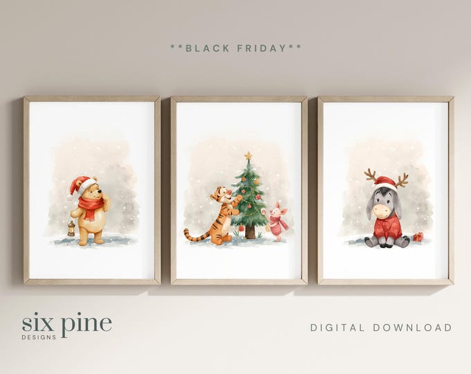 Featured listing image: Set of 3 Winnie the Pooh and Friends Wall Art | Christmas Winnie the Pooh | Christmas Prints for Kids Rooms | Christmas Playroom Wall Art