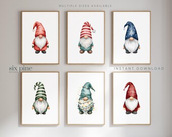 Set of 6 Christmas Gnome Prints | Watercolor Holiday Gnome | Gnome Christmas decorations | Holiday Gallery Wall | Digital Xmas Wall Decor