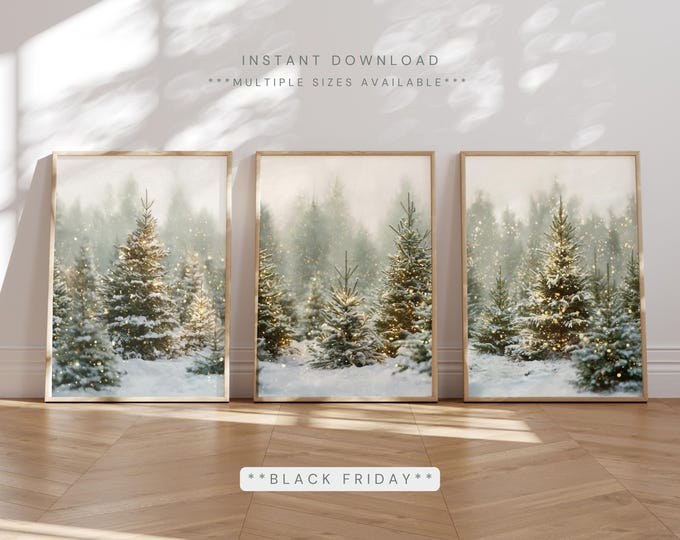 Featured listing image: Winter Pine Forest Wall Art Set of 3 | Snowy Christmas Tree Farm Prints | Rustic Woodland Nature Scene | Holiday Wall Decor Download