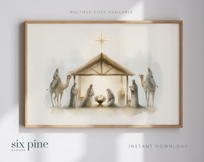 Featured listing image: Nativity Scene Christmas Print | Watercolor Nativity Scene | Christmas Printable Wall Art | Nativity Decor | Digital Download