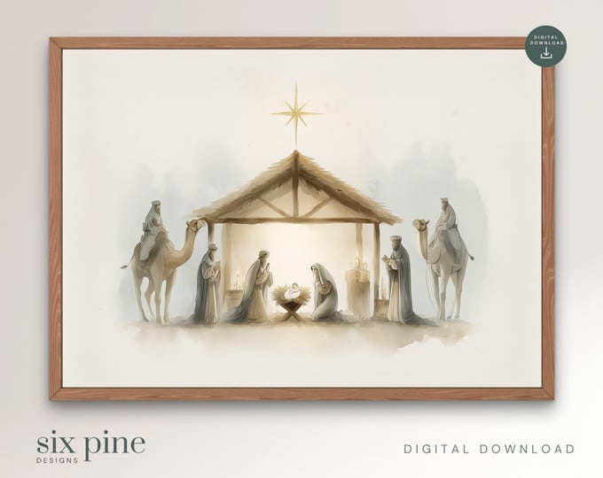 Featured listing image: Nativity Scene Christmas Print | Watercolor Nativity Scene | Christmas Printable Wall Art | Nativity Decor | Digital Download