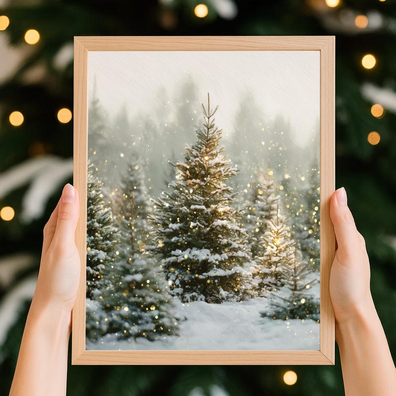 Snowy pine tree landscape watercolor art, winter forest holiday wall art printable set in wooden frames