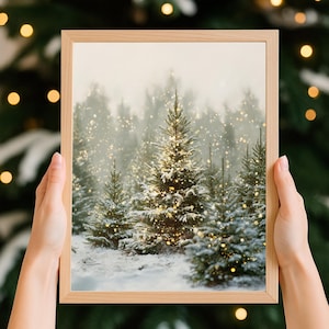 Set of 3 winter pine forest prints leaning against wall, snowy landscape holiday wall art digital download