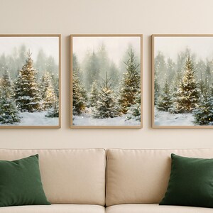 Rustic woodland nature scene art prints with pine trees and snow, winter forest Christmas wall decor set of 3