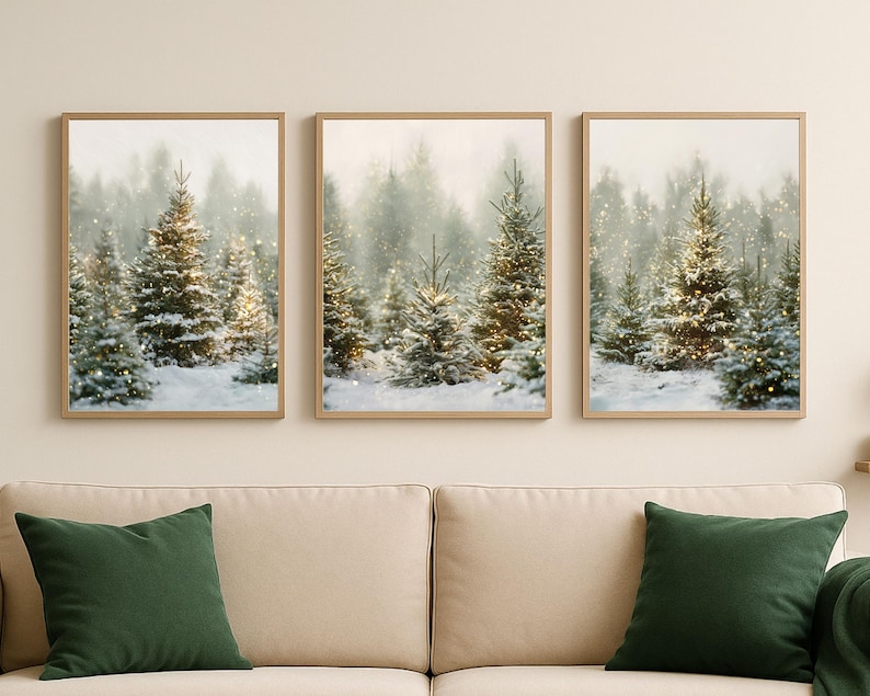 Rustic woodland nature scene art prints with pine trees and snow, winter forest Christmas wall decor set of 3