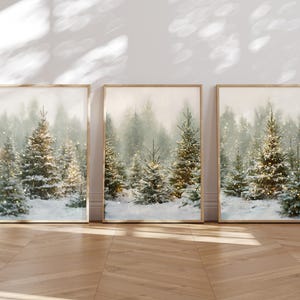 Winter pine forest wall art set of 3 prints displayed in natural light — snowy Christmas tree landscape digital download