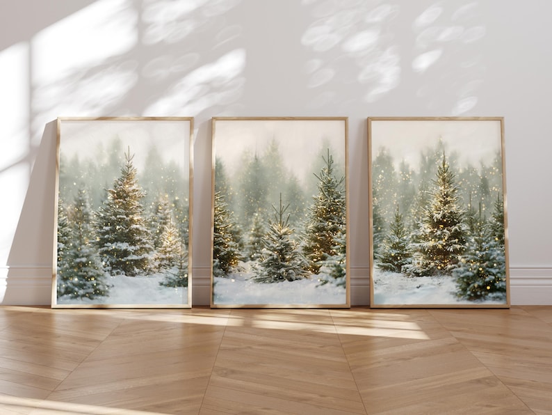 Winter pine forest wall art set of 3 prints displayed in natural light — snowy Christmas tree landscape digital download