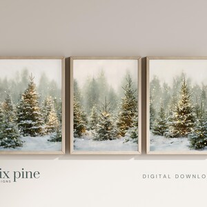 Winter Christmas Tree Farm wall art set of 3 prints displayed in natural light — snowy Christmas tree landscape digital download