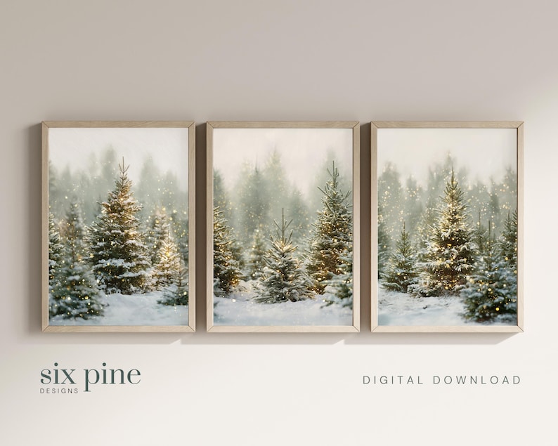 Winter Christmas Tree Farm wall art set of 3 prints displayed in natural light — snowy Christmas tree landscape digital download