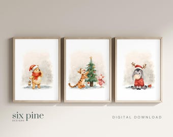 Set of 3 Winnie the Pooh and Friends Wall Art | Christmas Winnie the Pooh | Christmas Prints for Kids Rooms | Christmas Playroom Wall Art