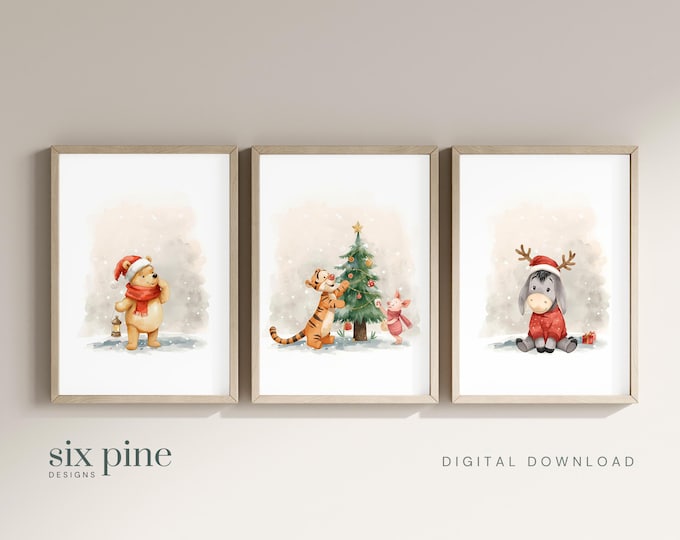 Featured listing image: Set of 3 Winnie the Pooh and Friends Wall Art | Christmas Winnie the Pooh | Christmas Prints for Kids Rooms | Christmas Playroom Wall Art