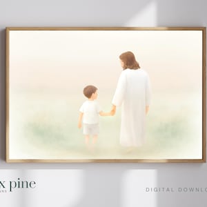 Walking With Jesus | Christian Kids Room Art | Jesus and Boy Printable | Nursery Decor for Boys | Jesus and Kids | Jesus with Children