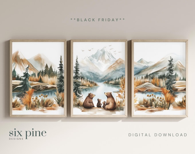 Featured listing image: Mountain Nursery Decor | Forest Wall Art | Nursery Wall Art | Forest Nursery Decor | Adventure Nursery | Bear Nursery Print