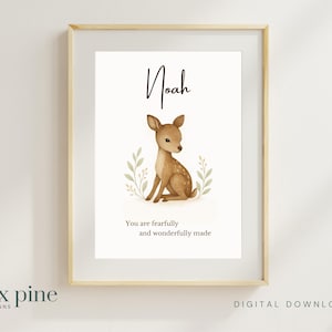 Personalized Woodland Deer Name Print | Christian Nursery Wall Art | Bible Verse Baby Gift | Psalm 139 Printable Nursery Decor