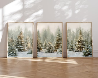 Juego de 3 impresiones de arte mural de bosque de pinos invernal / Impresiones de granja con árboles de Navidad nevados / Escena de naturaleza de bosque rústico / Decoración de pared navideña