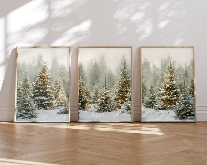 Featured listing image: Winter Pine Forest Wall Art Set of 3 | Snowy Christmas Tree Farm Prints | Rustic Woodland Nature Scene | Holiday Wall Decor Download