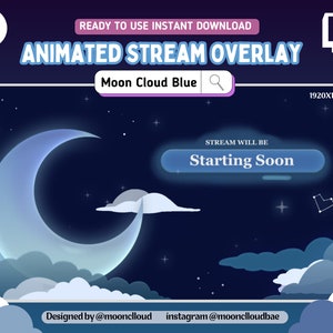 Animated Celestial Moon Cloud Sky Blue Ethereal Twitch Overlay Screen Scene Gaming Webcam Overlay Pack for Twitch and YouTube Streamers