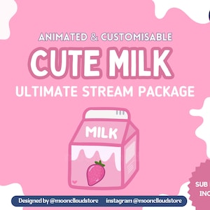 Animated Customizable Cute Milk Pink Strawberry Stream Package With Overlay, Animated Alerts & Scenes, Sub Badges, Twitch Panels Pack