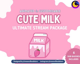 Pacote de fluxo de morango rosa leite fofo personalizável animado com sobreposição, alertas e cenas animados, sub-emblemas, pacote de painéis Twitch
