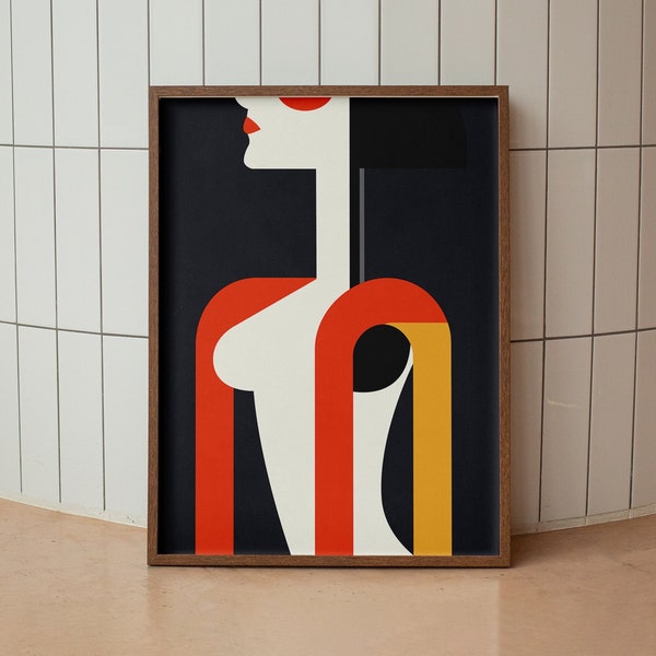 Impresión de arte FIGURA FEMENINA de mediados de siglo, cartel de la Bauhaus, arte de pared minimalista, impresión de arte geométrico, decoración moderna de la pared del hogar