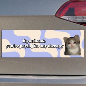 If You Honk, You are Paying For My Therapy Funny Cat Car Magnet & Car Sticker | Crying Cat Meme Car Magnets and Car Stickers | Her Car Decal