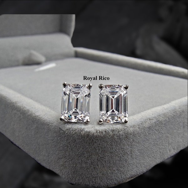 925 Sterling Silver 1.0 To 5.0 Ct T.W Emerald Cut Created Diamond Stud Earrings, Women's Earrings, Customized Earrings, Silver Earrings