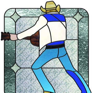 May include: A stained glass window design featuring a cowboy playing a guitar. The cowboy is wearing a white shirt, blue jeans, and a brown cowboy hat. The background is a light blue and white pattern.