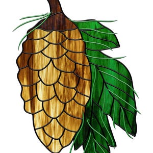May include: A stained glass depiction of a pine cone with brown and gold scales and green leaves.