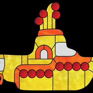 May include: A yellow submarine with orange and red details. The submarine has a round, dome-shaped top with a small window. There are several red circles on the top and bottom of the submarine.