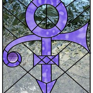 May include: A purple stained glass window with a stylized symbol, resembling a peace sign with a cross and an arrow, set against a blue and white background.